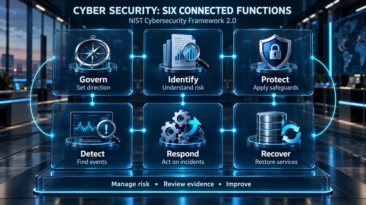 The six NIST CSF 2.0 functions: Govern, Identify, Protect, Detect, Respond and Recover.