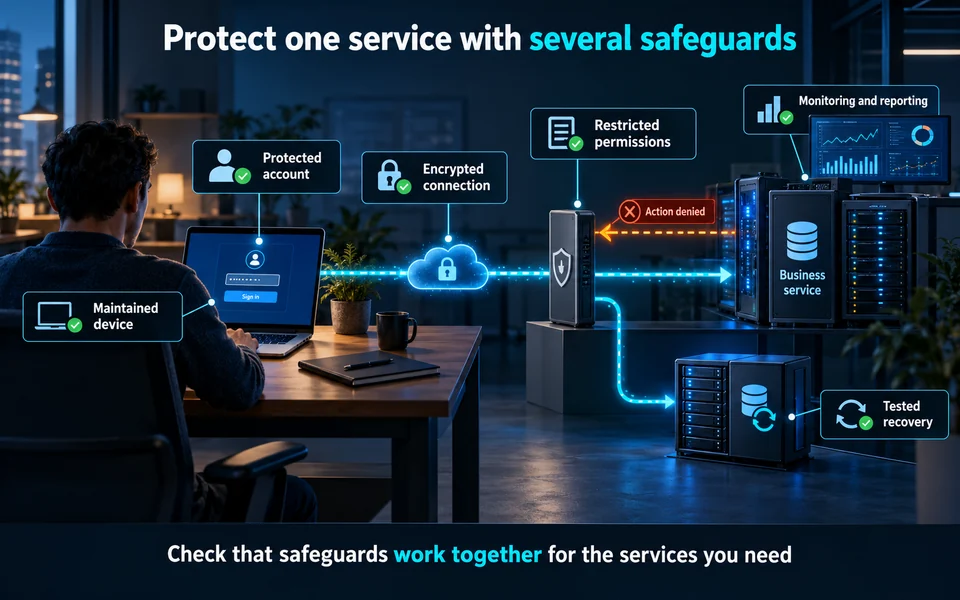 A remote worker and business service protected by complementary account, device, connection, permission, monitoring and recovery controls.