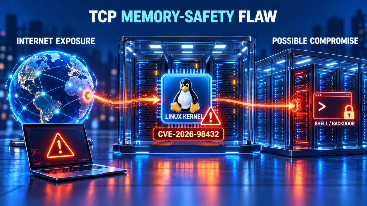 Internet exposure reaches a vulnerable Linux kernel; a laptop with floating malware symbols and a shell beside server racks illustrate possible compromise.