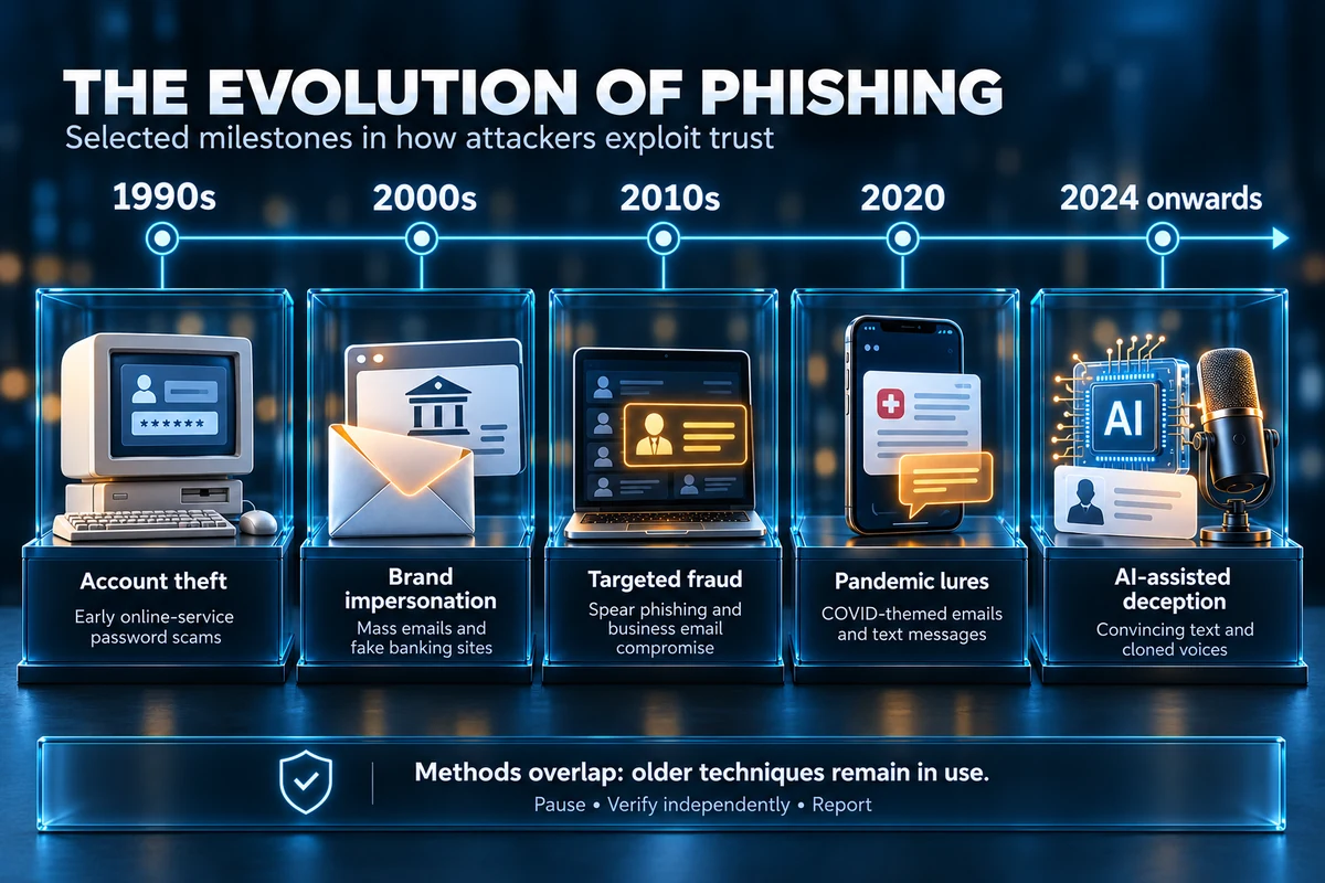 Selected milestones in phishing: 1990s, early online-service account theft; 2000s, mass emails and fake banking sites; 2010s, spear phishing and business email compromise; 2020, COVID-themed emails and texts; 2024 onwards, AI-assisted text and cloned voices. This illustrative timeline is not to scale. Methods overlap and older techniques remain in use. Pause, verify independently and report.