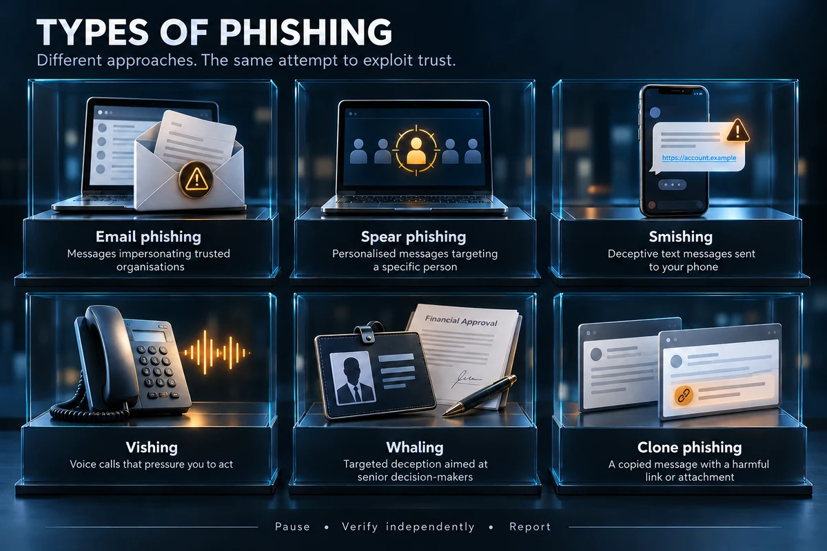 Six types of phishing: email phishing impersonates trusted organisations; spear phishing targets a specific person; smishing uses text messages; vishing uses voice calls; whaling targets senior decision-makers; clone phishing copies a message with a harmful link or attachment. Pause, verify independently and report.