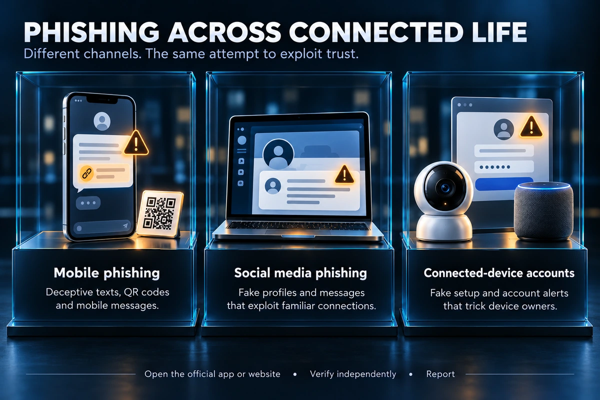 Mobile phishing uses deceptive texts, QR codes and mobile messages. Social media phishing uses fake profiles and messages that exploit familiar connections. Connected-device account phishing uses fake setup and account alerts to trick device owners. Open the official app or website, verify independently and report.