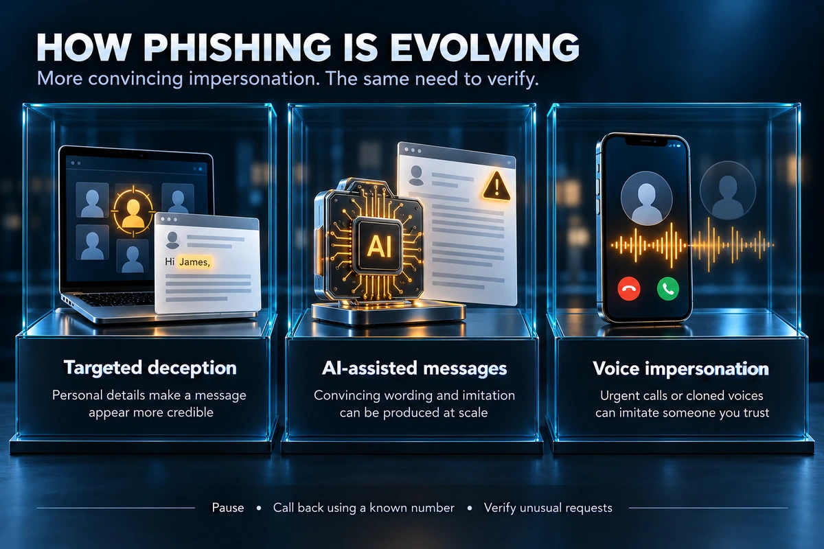 Three evolving phishing tactics: targeted deception uses personal details to make messages appear credible; AI-assisted messages can produce convincing wording and imitation at scale; voice impersonation uses urgent calls or cloned voices to imitate someone trusted. Pause, call back using a known number and verify unusual requests.