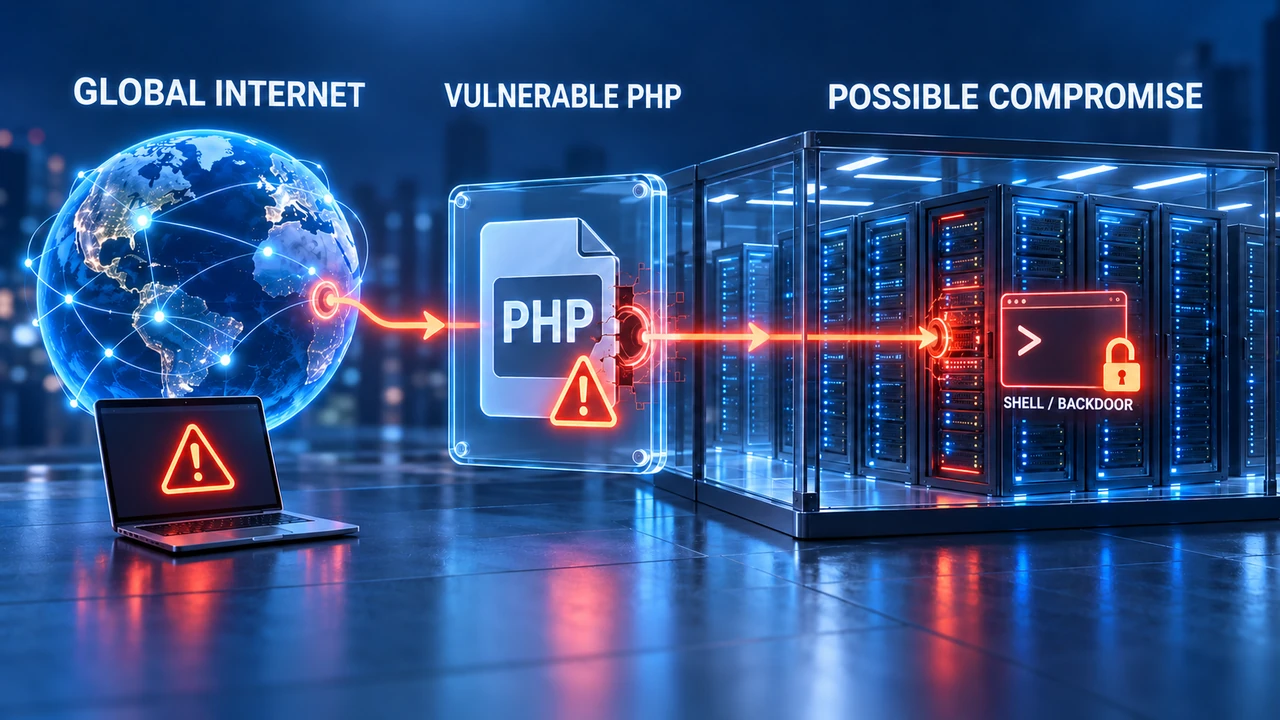 Global internet traffic reaches vulnerable PHP; successful exploitation may expose a data centre server to a shell, backdoor or malware. Conceptual software attack path.