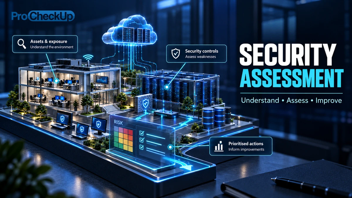 Security Assessment. Understand, Assess, Improve. Assets & exposure: Understand the environment; Security controls: Assess weaknesses; Prioritised actions: Inform improvements.