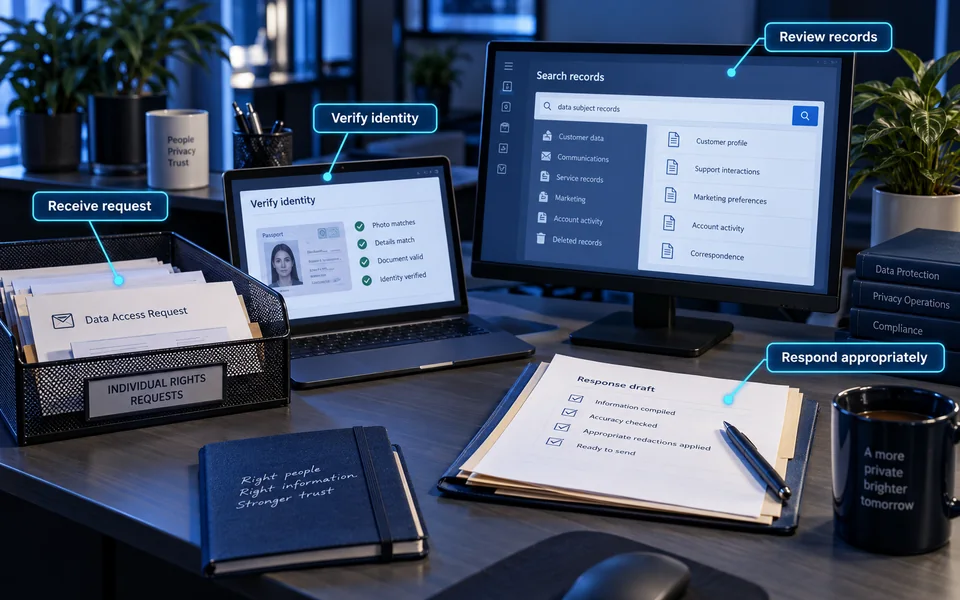 Privacy rights workflow: Receive request, Verify identity, Review records, Respond appropriately.