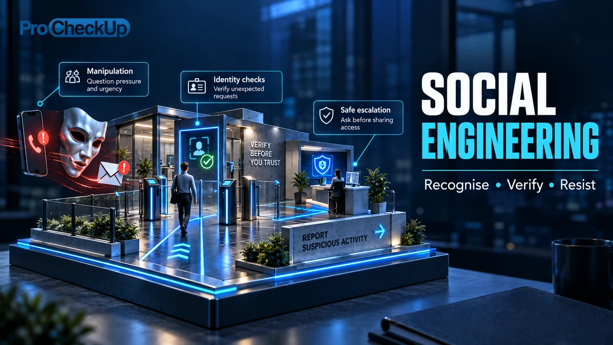Social Engineering. Recognise, Verify, Resist. Manipulation: Question pressure and urgency; Identity checks: Verify unexpected requests; Safe escalation: Ask before sharing access.