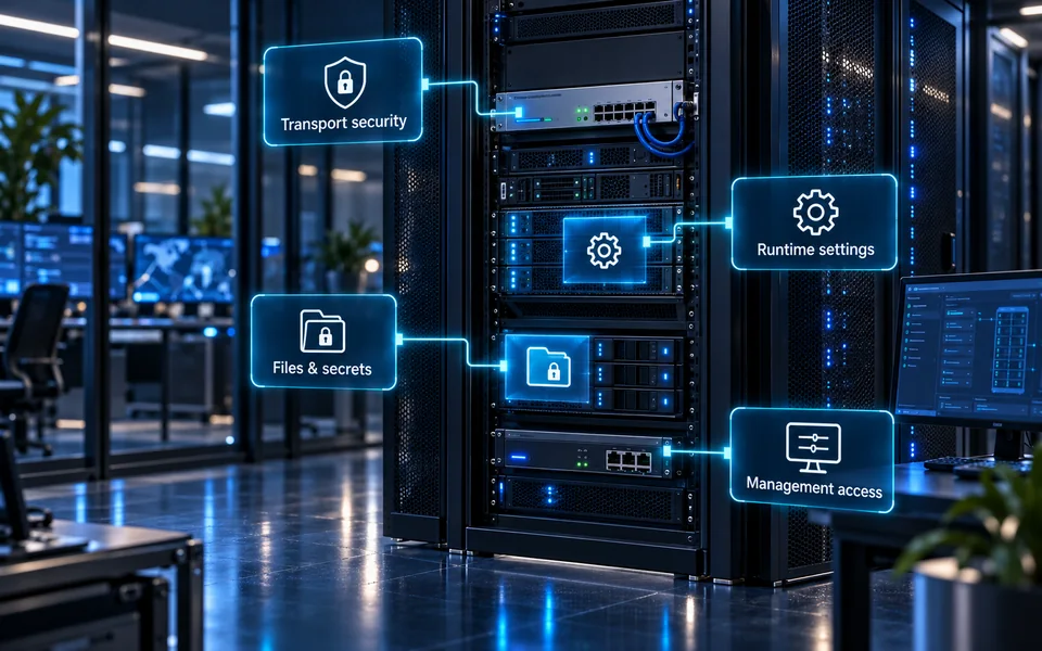 Web deployment review: Transport security, Runtime settings, Files & secrets, Management access.