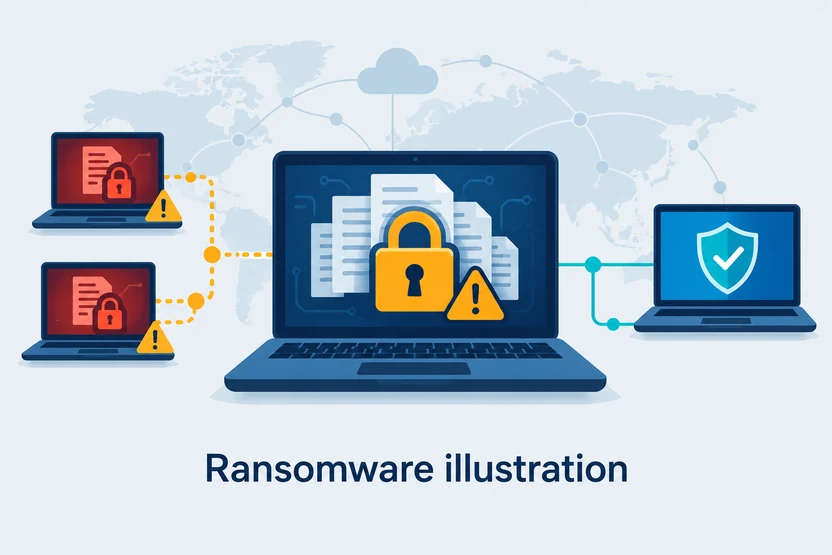 Conceptual illustration of ransomware locking documents across a connected computer network.