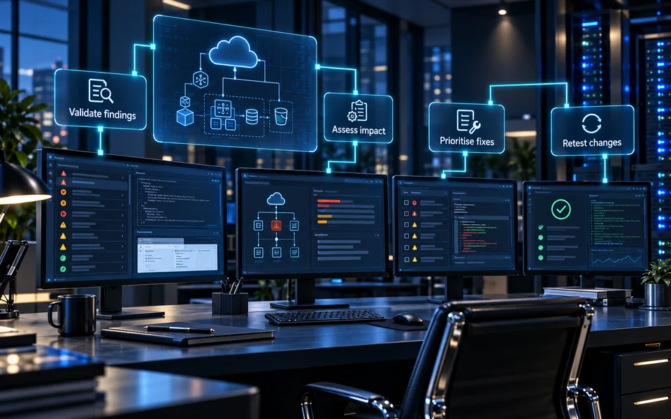 Cloud findings and remediation: Validate findings, Assess impact, Prioritise fixes, Retest changes.
