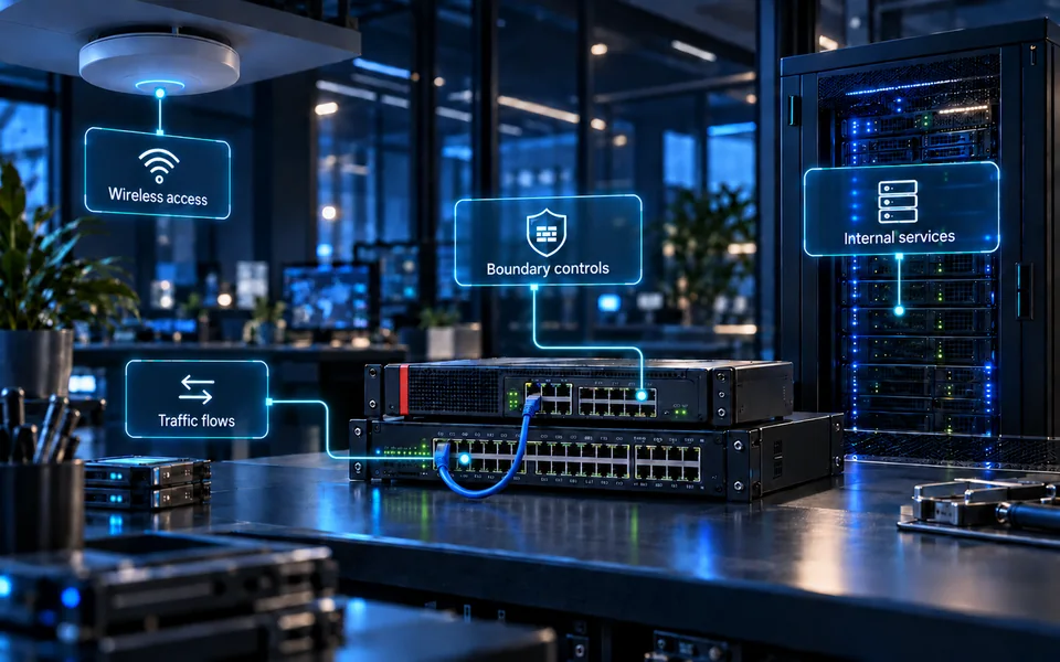 Network security analysis: Traffic flows, Boundary controls, Internal services, Wireless access.