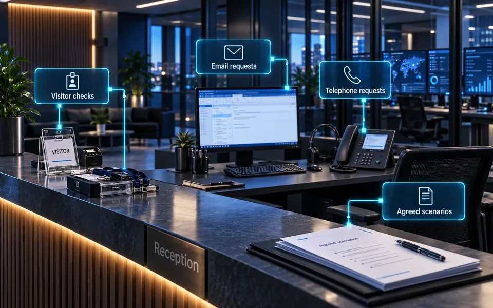 Testing realistic, authorised attack scenarios: Agreed scenarios, Email requests, Telephone requests, Visitor checks.