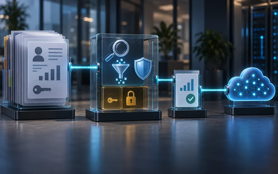 A review station reduces a large confidential document stack to a small fictional example for an approved AI service, retaining credentials behind a locked barrier.