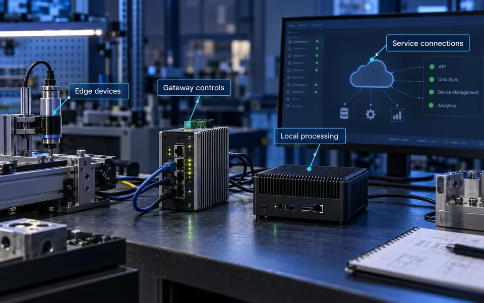 Edge device boundaries: Edge devices, Gateway controls, Local processing, Service connections.