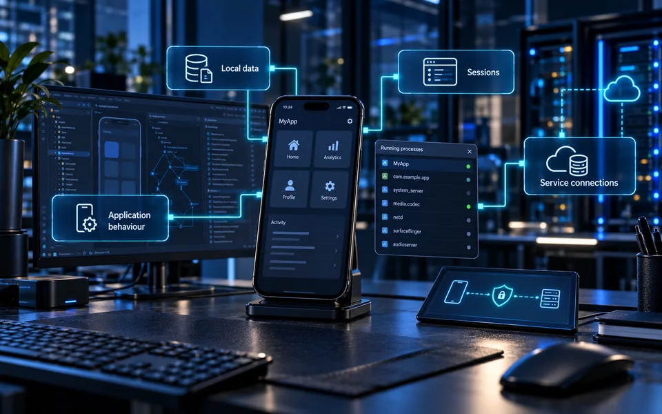 Mobile application security testing: Local data, Application behaviour, Sessions, Service connections.