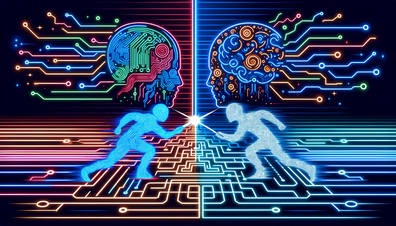 A digital art of two men fighting with a circuit board

Description automatically generated