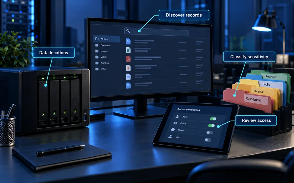Sensitive data discovery: Data locations, Discover records, Classify sensitivity, Review access.