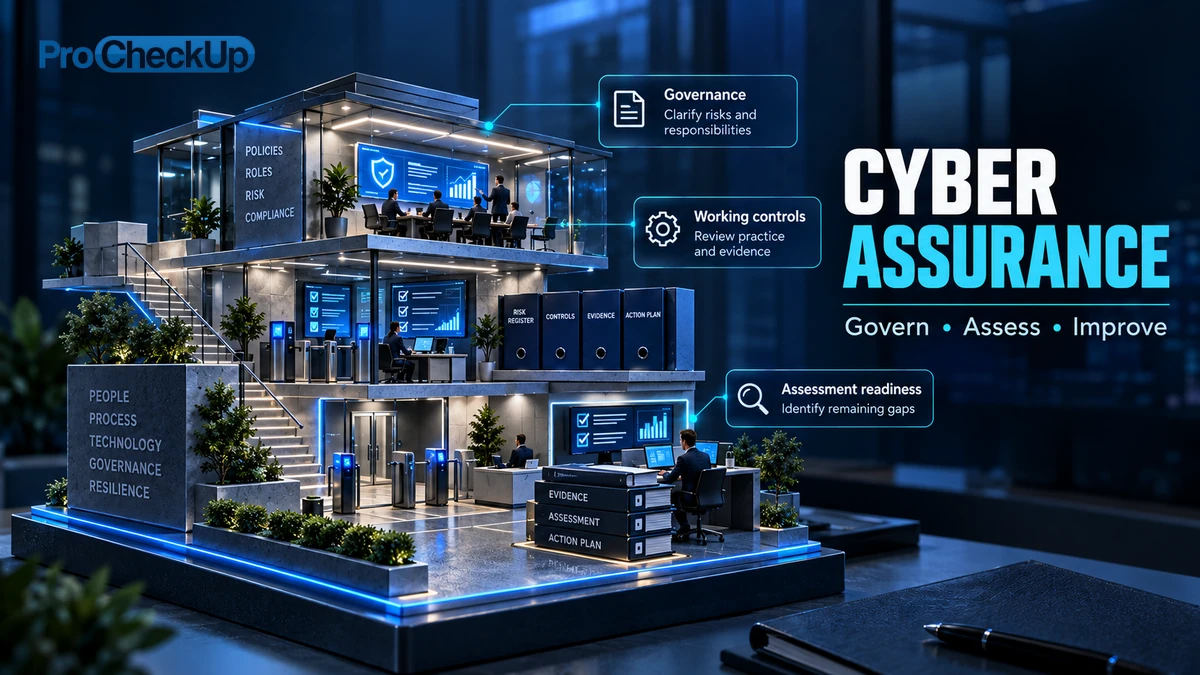 Cyber Assurance. Govern, Assess, Improve. Governance: Clarify risks and responsibilities; Working controls: Review practice and evidence; Assessment readiness: Identify remaining gaps.