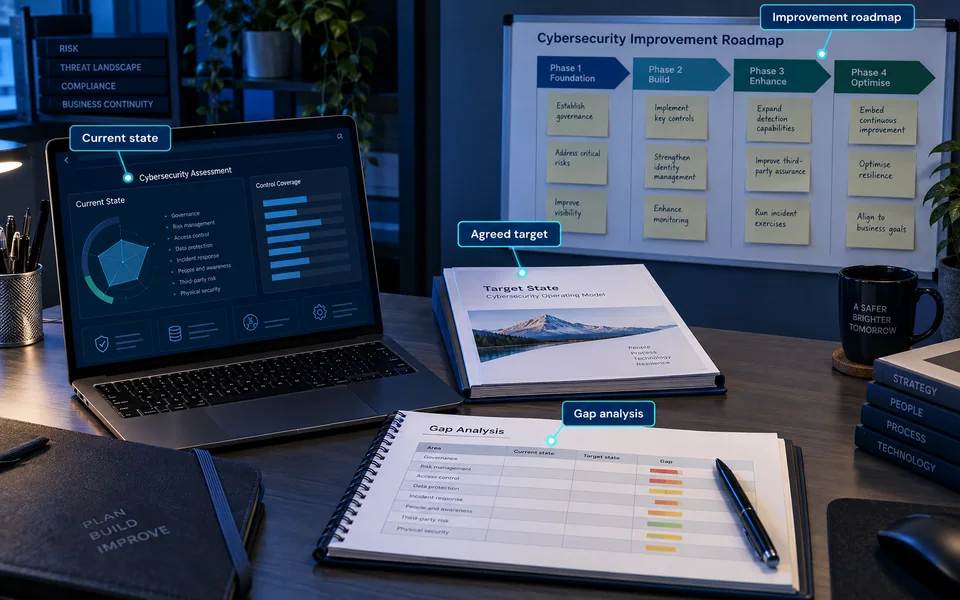 Maturity improvement roadmap: Current state, Agreed target, Gap analysis, Improvement roadmap.