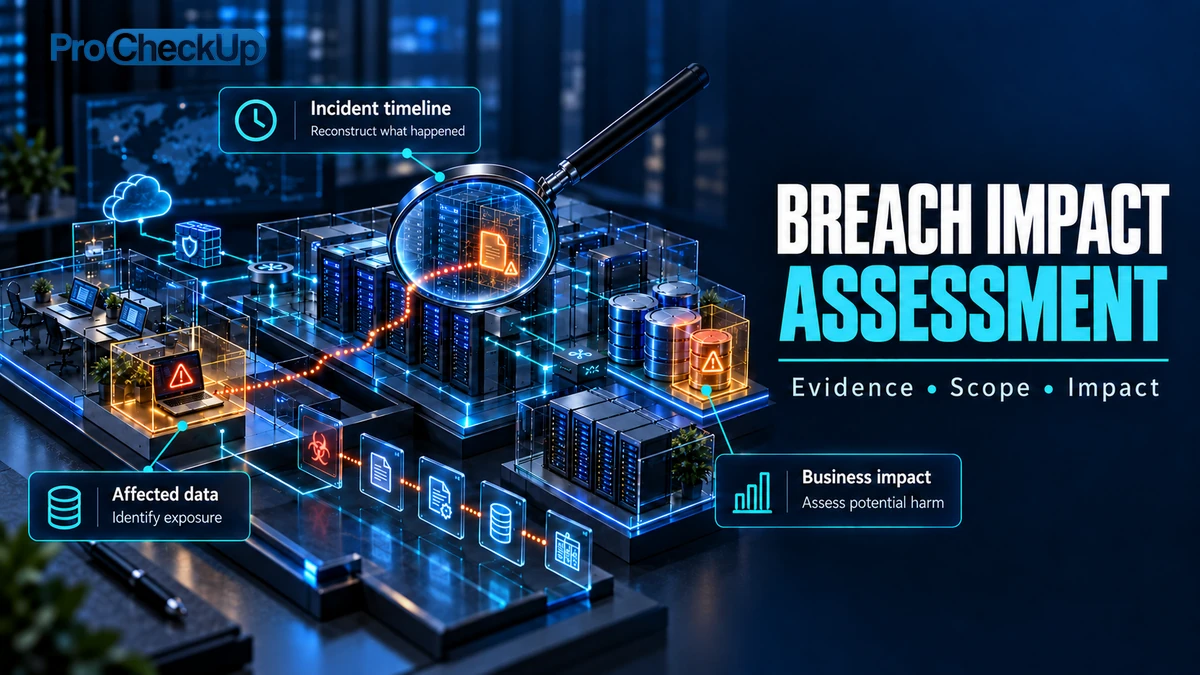 Data Breach Impact Assessment. Evidence, Scope, Impact. Incident timeline: Reconstruct what happened; Affected data: Identify exposure; Business impact: Assess potential harm.