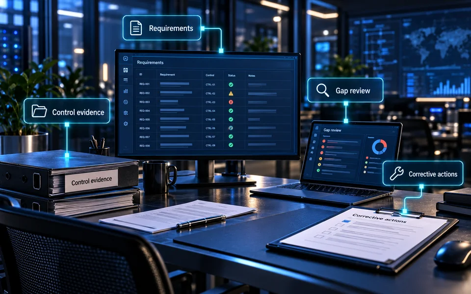 Security compliance evidence: Requirements, Control evidence, Gap review, Corrective actions.