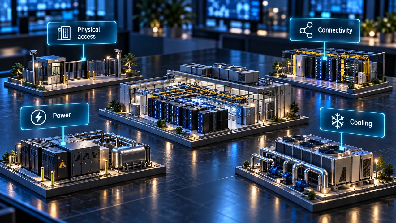 A cutaway data centre surrounded by models of power, cooling, connectivity and physical access controls.