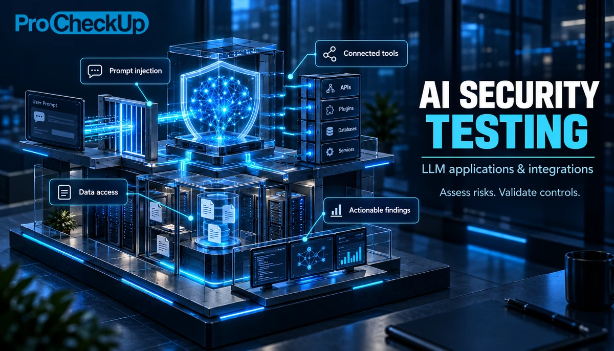 ProCheckUp AI security testing: prompt injection, data access, connected tools and actionable findings