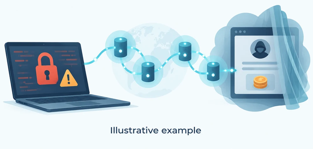Conceptual illustration of a ransomware demand directing a victim through an anonymous network to a payment portal.