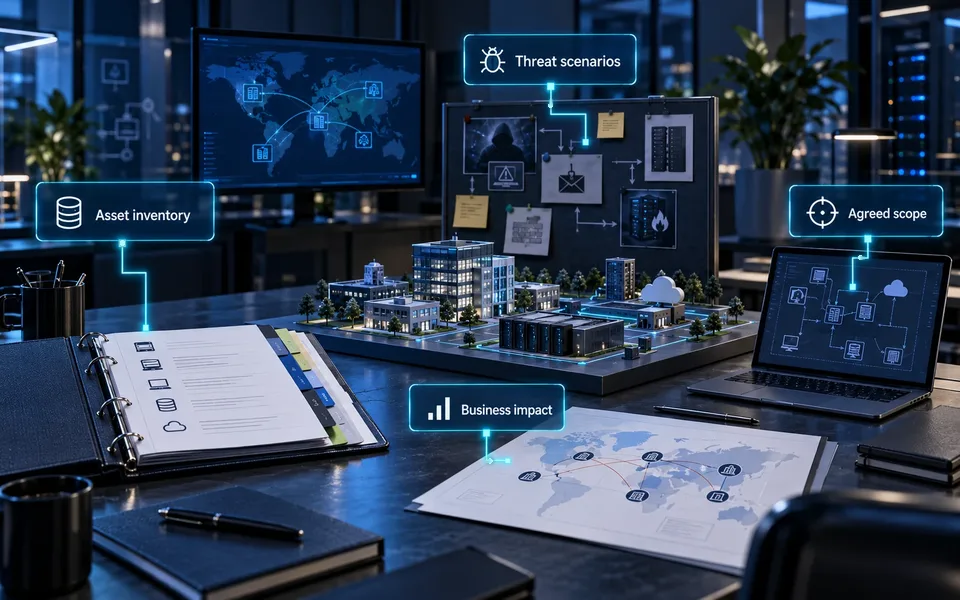 Audit initial assessment: Asset inventory, Threat scenarios, Business impact, Agreed scope.