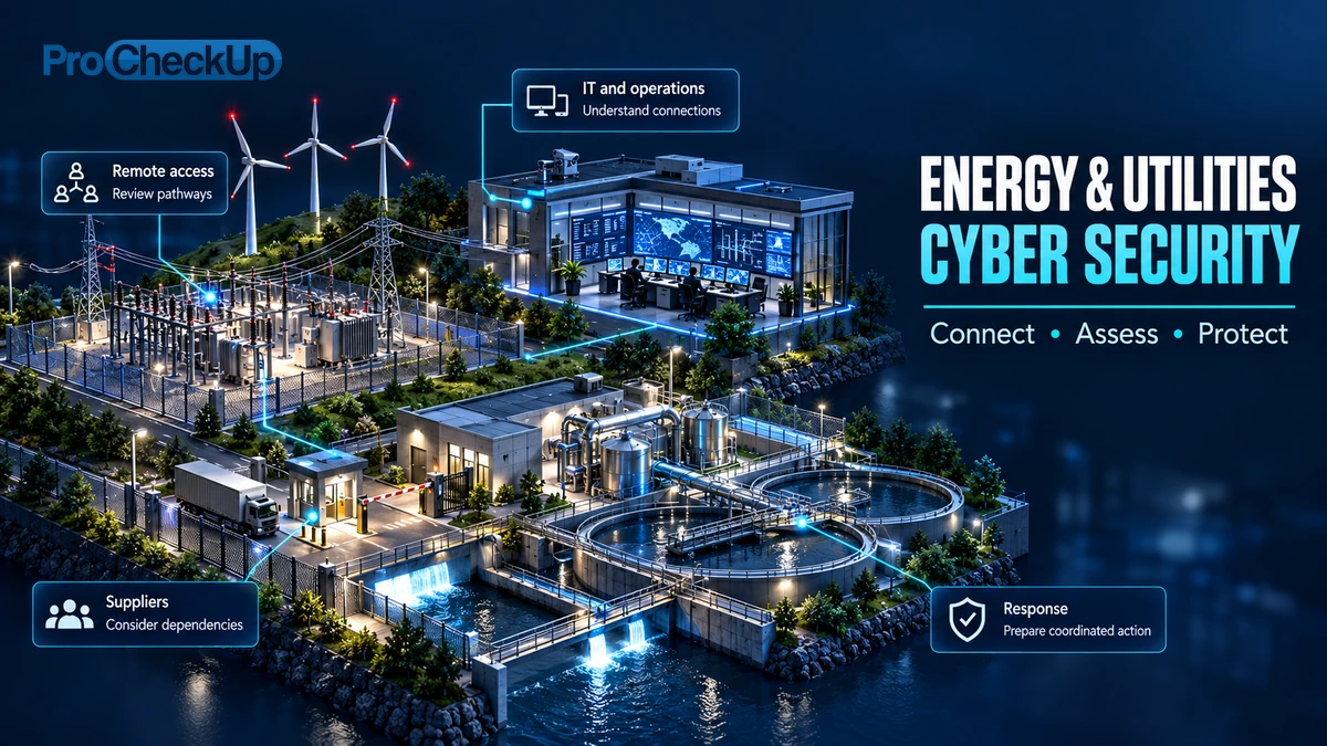 Energy & Utilities Cyber Security. Connect • Assess • Protect. IT and operations: Understand connections; Remote access: Review pathways; Suppliers: Consider dependencies; Response: Prepare coordinated action.