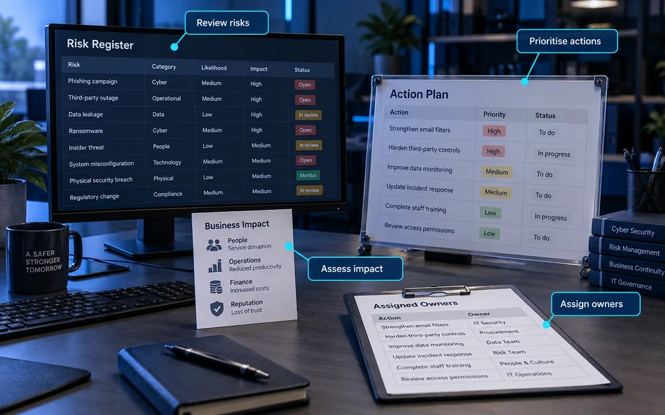 Compliance risk priorities: Review risks, Assess impact, Prioritise actions, Assign owners.