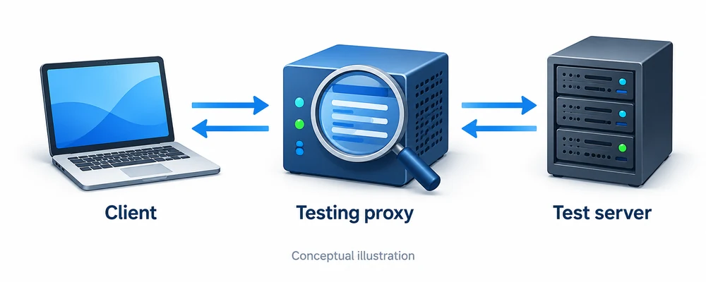 Illustration of an authorised testing proxy positioned between a client application and its test server.