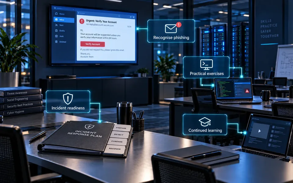 Security training awareness: Recognise phishing, Practical exercises, Incident readiness, Continued learning.