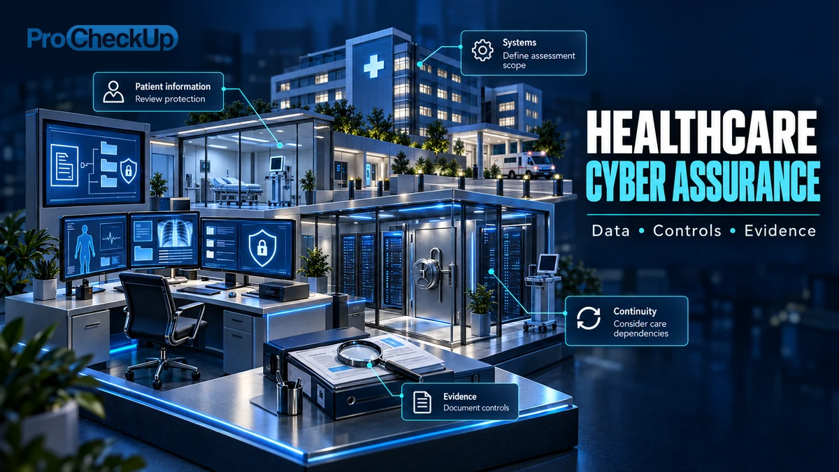Healthcare Cyber Assurance. Data • Controls • Evidence. Patient information: Review protection; Systems: Define assessment scope; Evidence: Document controls; Continuity: Consider care dependencies.