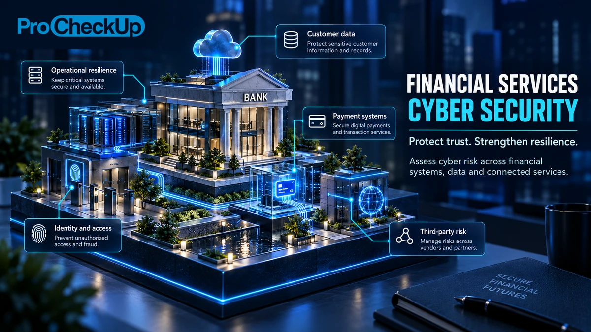 Financial services cyber security: customer data, payment systems, identity and access, third-party risk and operational resilience.