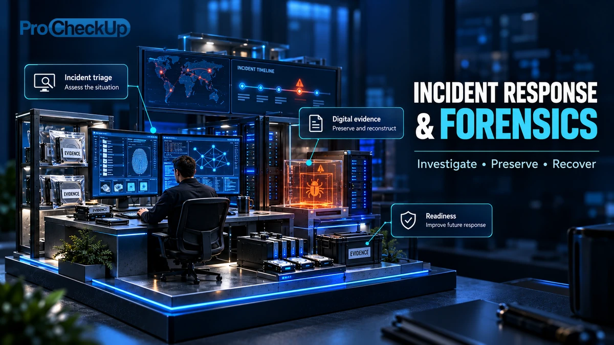 Incident Response & Forensics. Investigate, Preserve, Recover. Incident triage: Assess the situation; Digital evidence: Preserve and reconstruct; Readiness: Improve future response.