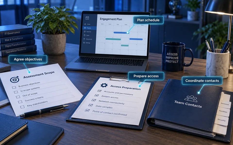 Engagement planning: Agree objectives, Plan schedule, Prepare access, Coordinate contacts.