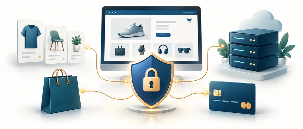 Illustration of an ecommerce storefront connected to payment, product and server systems.