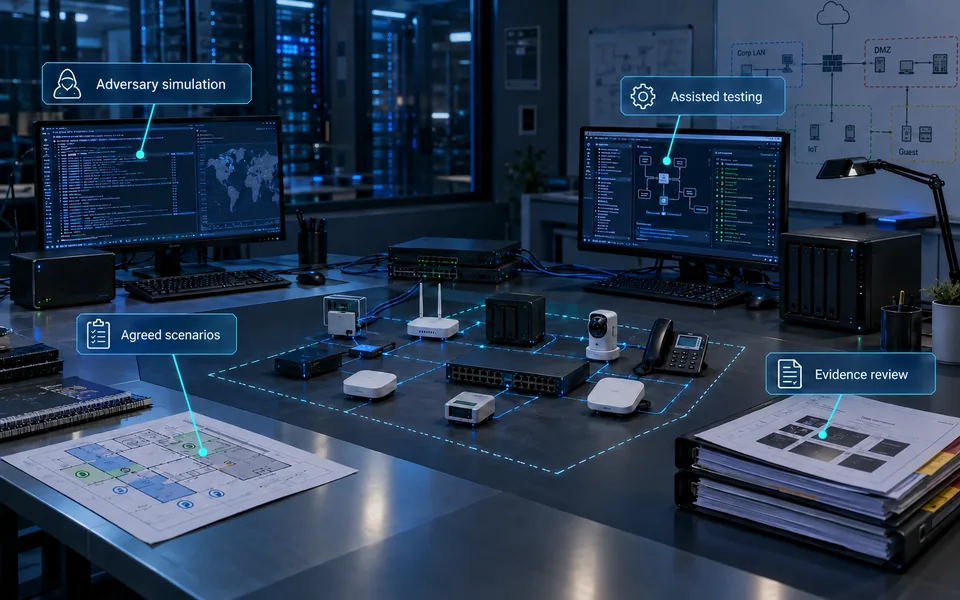 Advanced penetration testing scenarios. Agreed scenarios, Adversary simulation, Assisted testing, Evidence review.