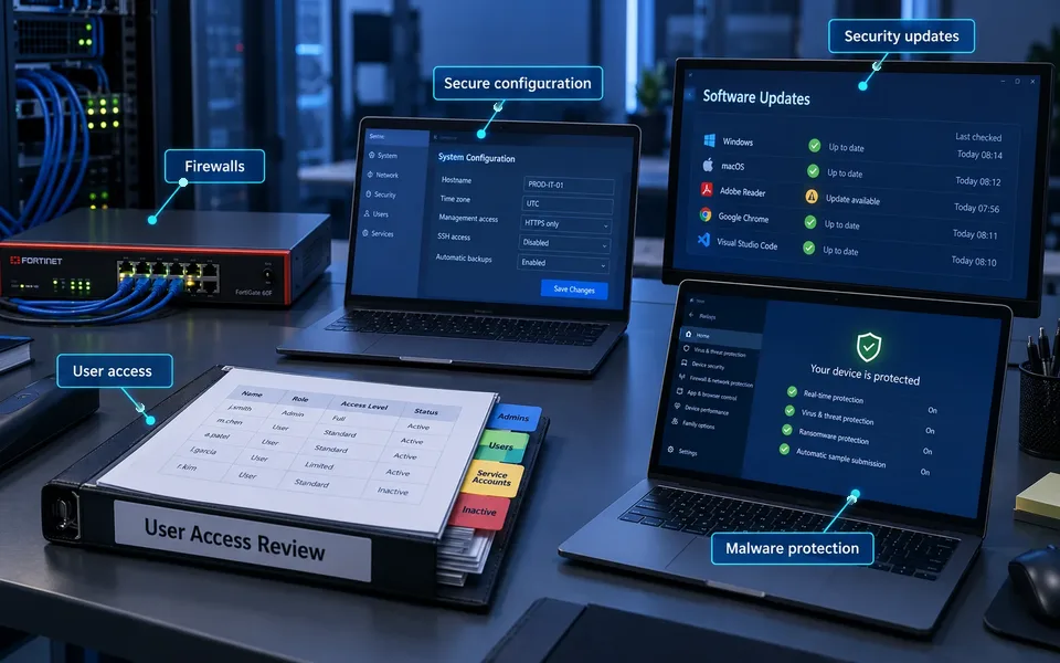 Cyber essentials verification: Firewalls, Secure configuration, Security updates, User access, Malware protection.
