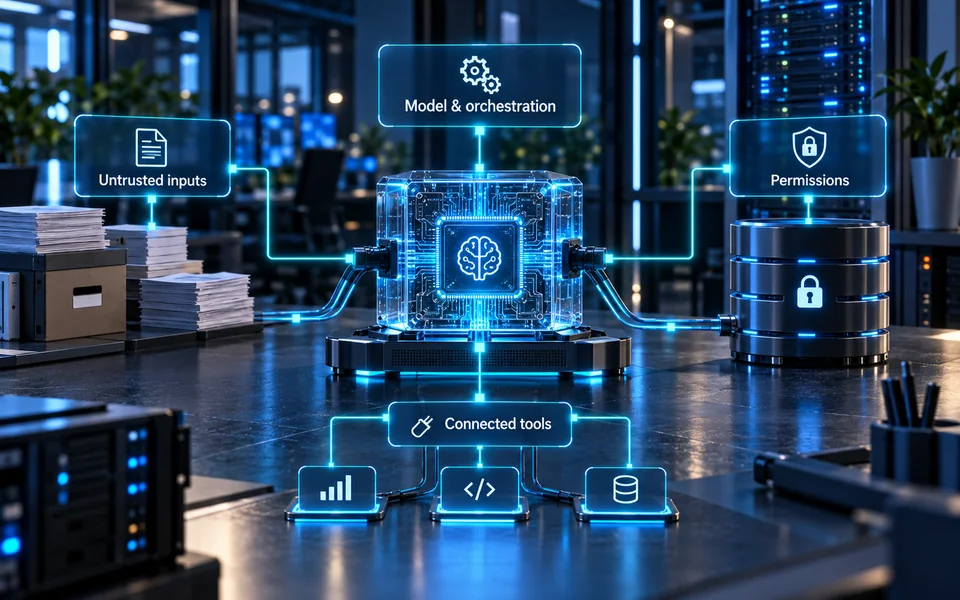 Ai trust boundaries: Untrusted inputs, Model & orchestration, Permissions, Connected tools.