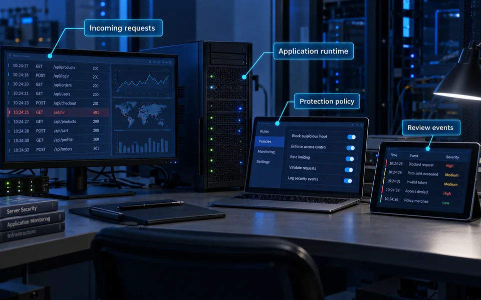 Runtime protection: Incoming requests, Application runtime, Protection policy, Review events.
