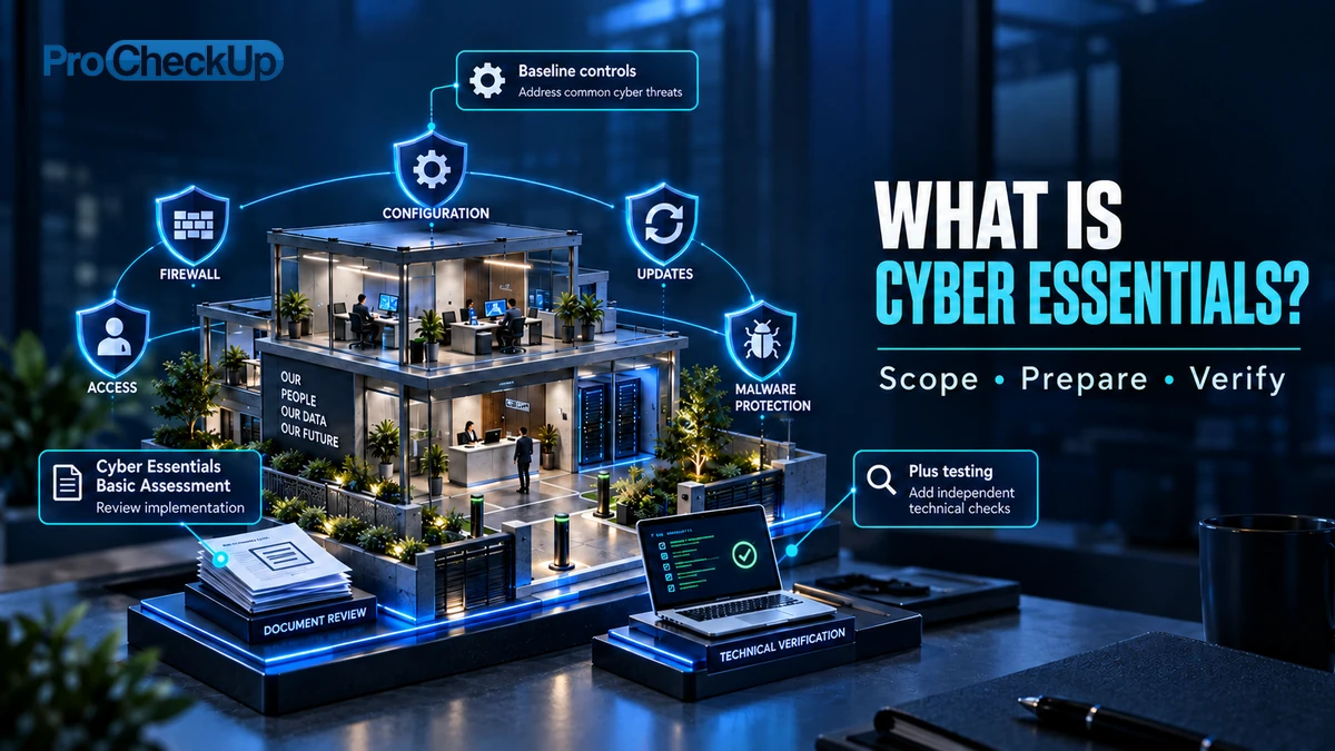 What Is Cyber Essentials?. Scope, Prepare, Verify. Baseline controls: Address common cyber threats; Cyber Essentials Basic Assessment: Review implementation; Plus testing: Add independent technical checks.