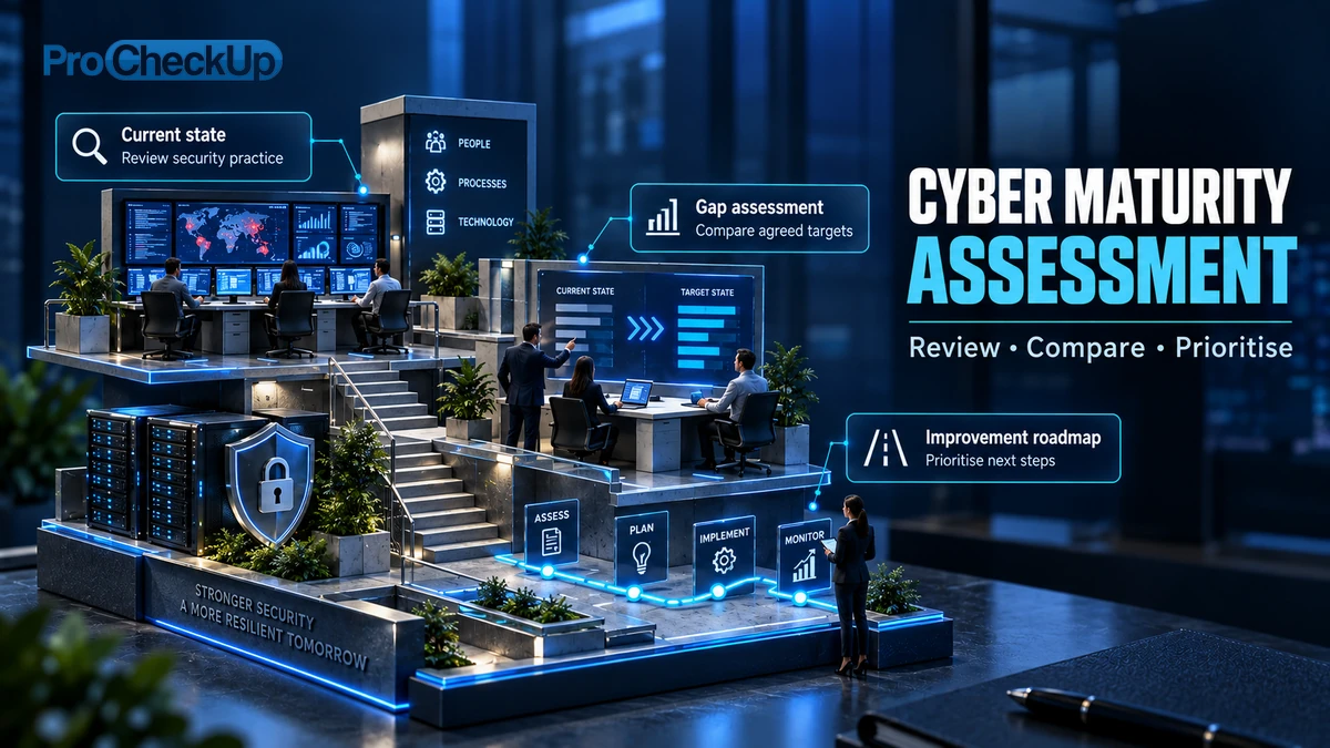 Cyber Maturity Assessment. Review, Compare, Prioritise. Current state: Review security practice; Gap assessment: Compare agreed targets; Improvement roadmap: Prioritise next steps.