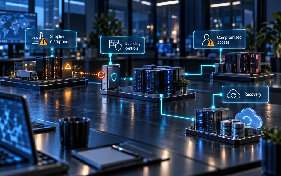 Supplier threat paths: Supplier disruption, Compromised access, Boundary controls, Recovery.