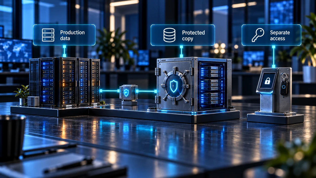 Production servers connect through a gateway to a protected backup vault, with a separate access-control terminal.