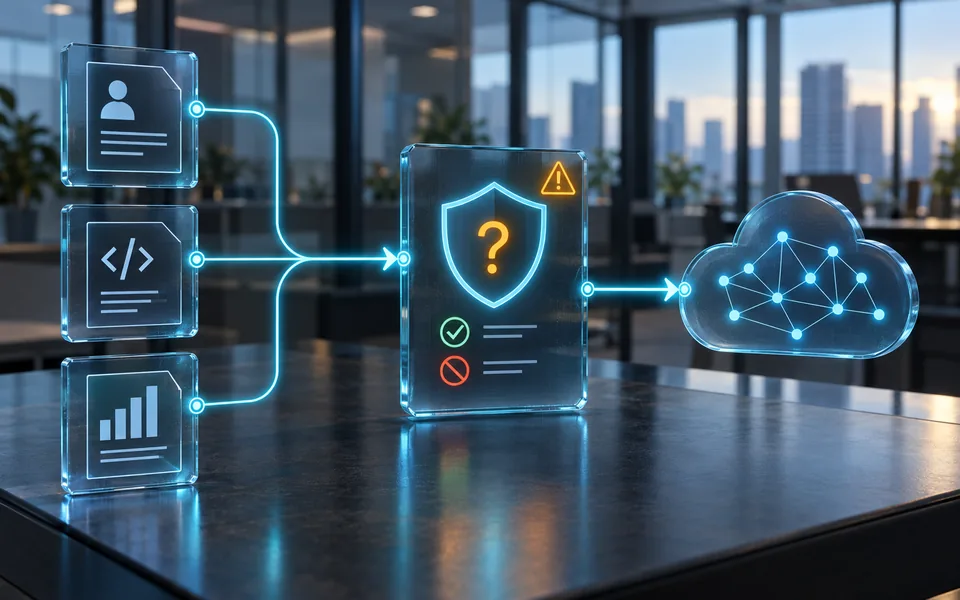 Customer records, source code and financial information pass through an approval checkpoint before reaching an external AI cloud.