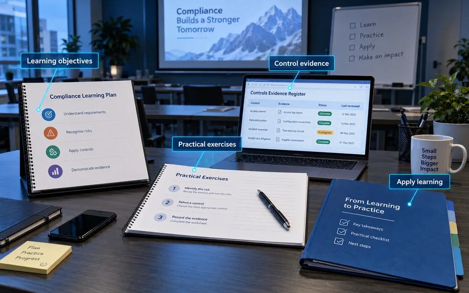 Compliance learning workshop: Learning objectives, Practical exercises, Control evidence, Apply learning.