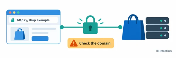 Illustration of an encrypted HTTPS connection between a shopper's browser and a website, with a reminder to check the domain.