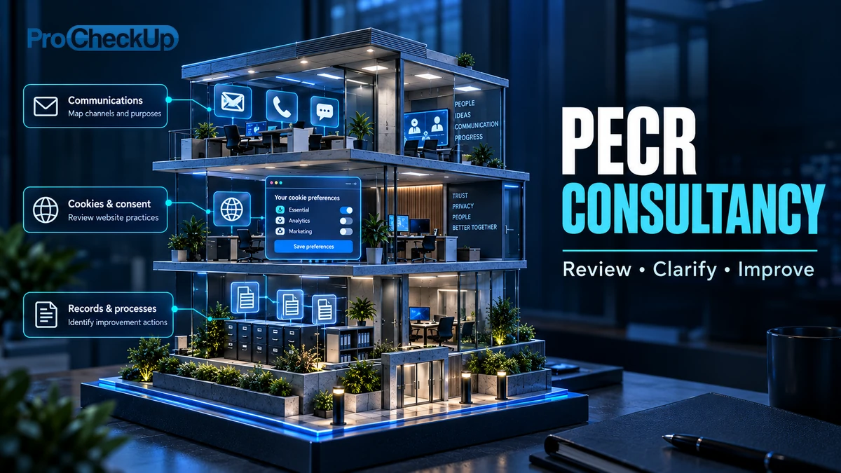 Pecr Consultancy. Review, Clarify, Improve. Communications: Map channels and purposes; Cookies & consent: Review website practices; Records & processes: Identify improvement actions.